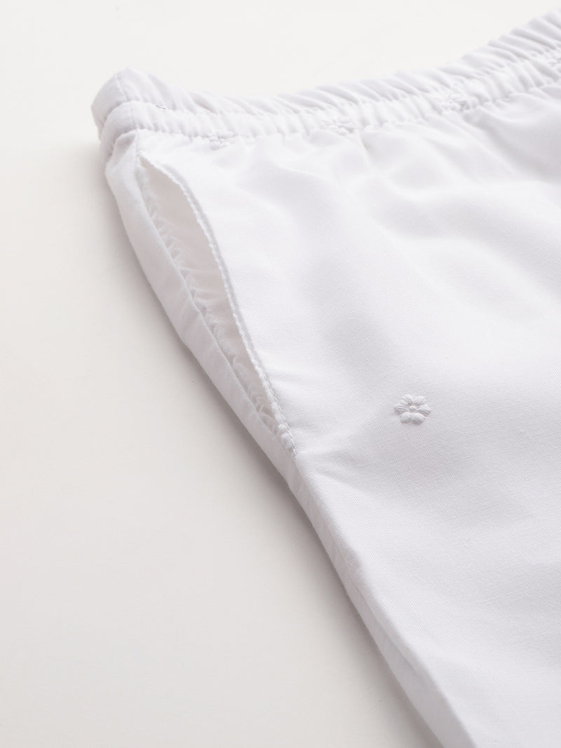 White Embroidered Palazzos–Fully Lined, Elastic Waist & Ankle-Length with Side Pocket