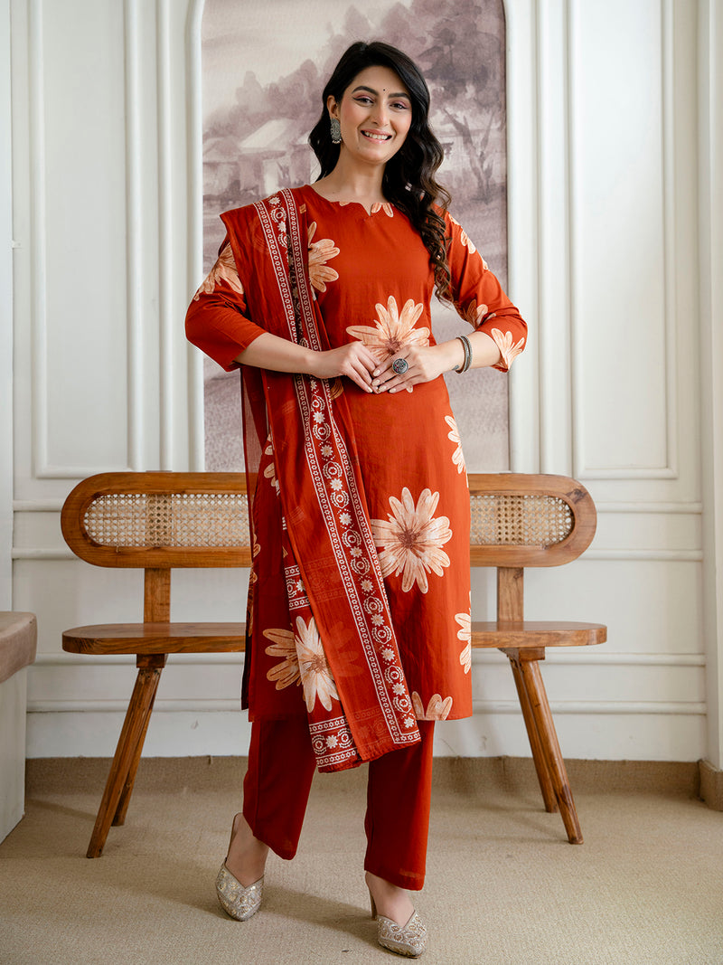 Printed Cotton Kurta Set with Ankle-Length Pants and Graceful Dupatta