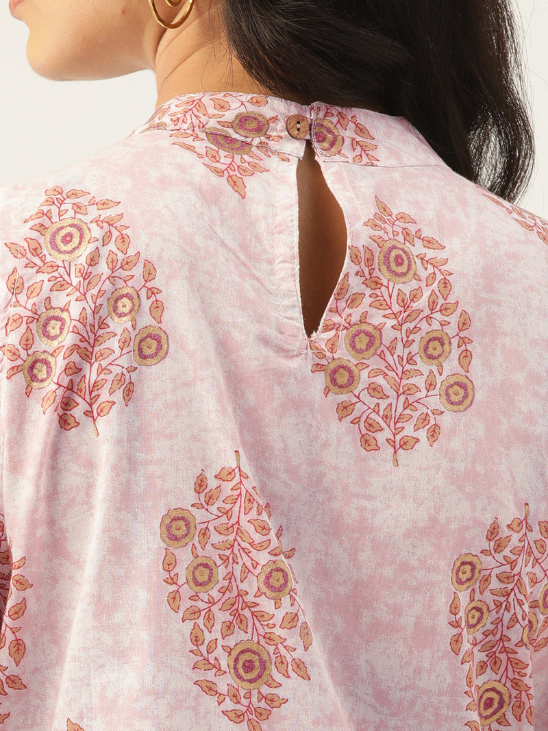 Women’s Pure Cotton Angrakha Kurti with Floral Print | 3/4 Sleeves | Adjustable Side Tie | Sizes S–XXL