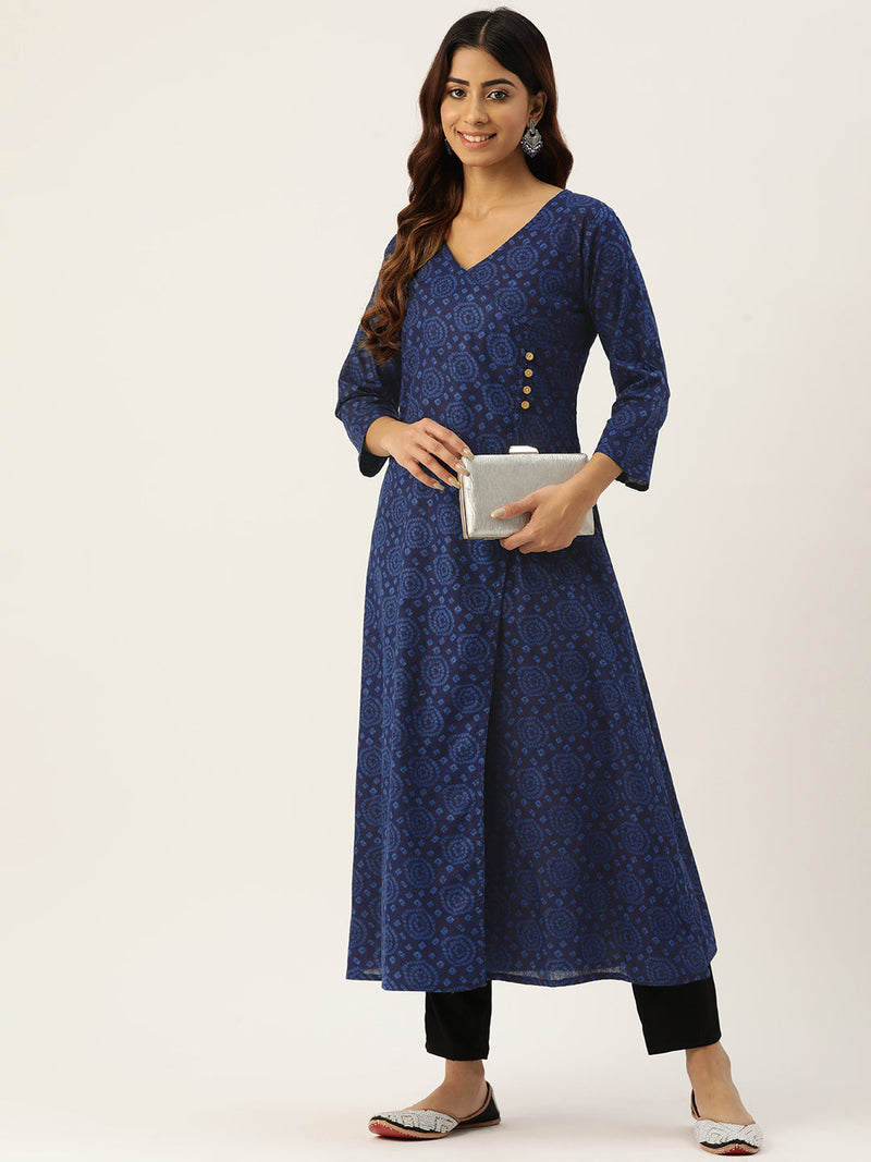 Floral Print 4 Button Angrakha Long Kurti