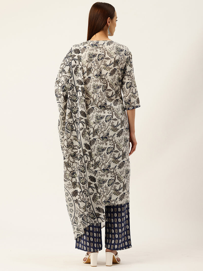 Round V-Cut Neck 3-Piece Kurta Set with Ankle-Length Pants & Full-Length Dupatta (Size S-XXL).
