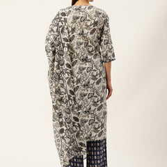 Round V-Cut Neck 3-Piece Kurta Set with Ankle-Length Pants & Full-Length Dupatta (Size S-XXL).