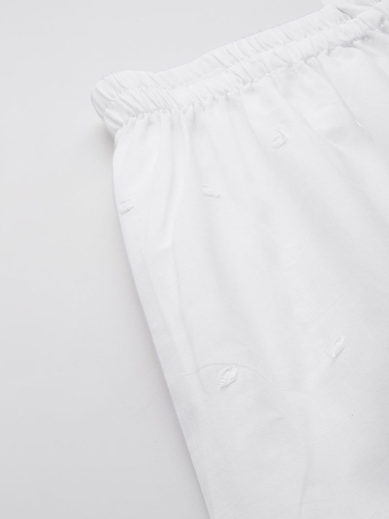 White White Embroidered Cotton Palazzos–Elastic Waist & Ankle-Length with Side Pocket