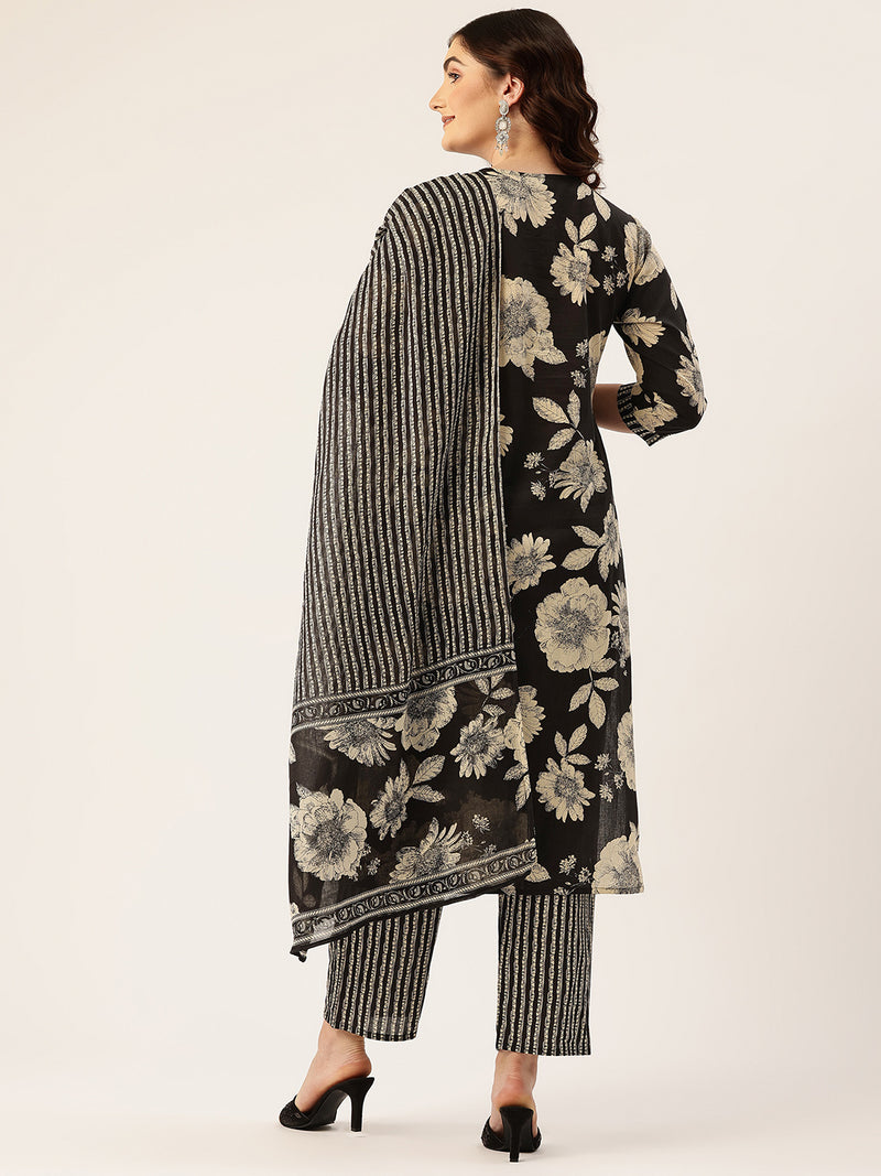 Bodered V-Neck 3-Piece Kurta Set with Ankle-Length Pants & Full-Length Dupatta (Size S-XXL).