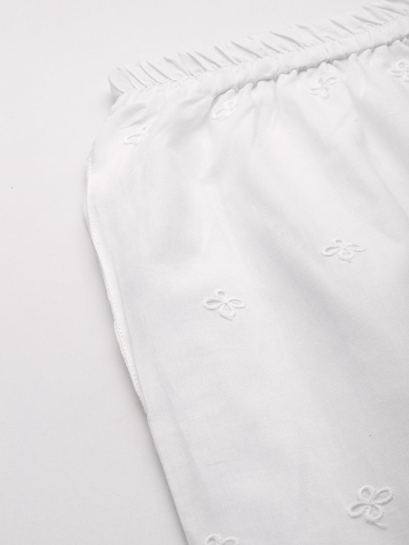 White White Embroidered Cotton Palazzos–Elastic Waist & Ankle-Length with Side Pocket