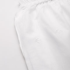 White White Embroidered Cotton Palazzos–Elastic Waist & Ankle-Length with Side Pocket