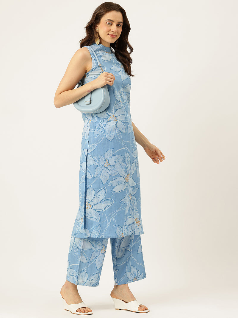 Floral Sleeveless Cotton Co-Ord Set with Choker Neckline – Pure Cotton | Sizes S–XXL