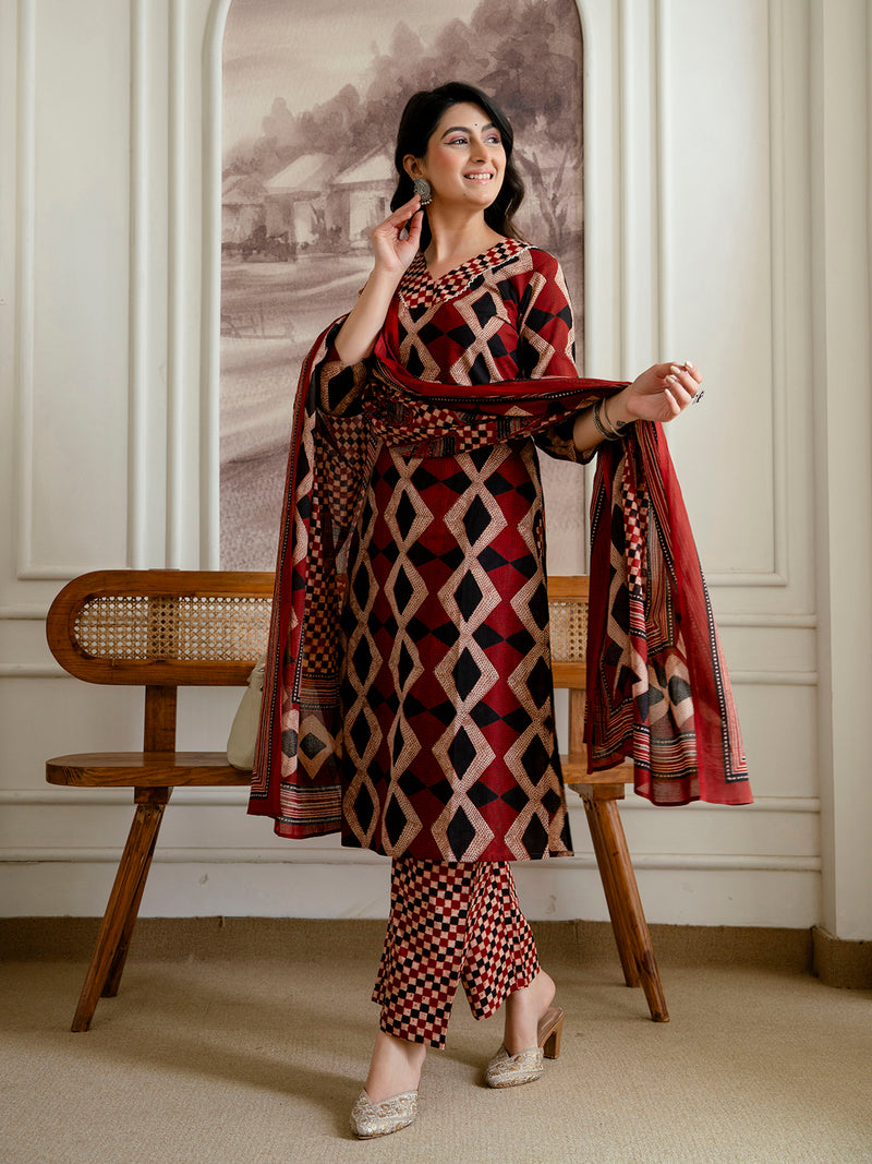 Bordered V-Neck 3-Piece Kurta Set with Ankle-Length Pants & Full-Length Dupatta (M–XXL)