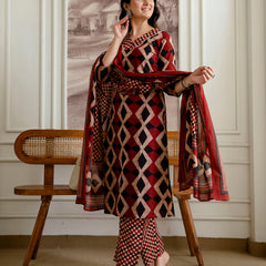 Bordered V-Neck 3-Piece Kurta Set with Ankle-Length Pants & Full-Length Dupatta (M–XXL)