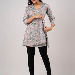 Cotton Printed Grey Angrakha Short Tunic