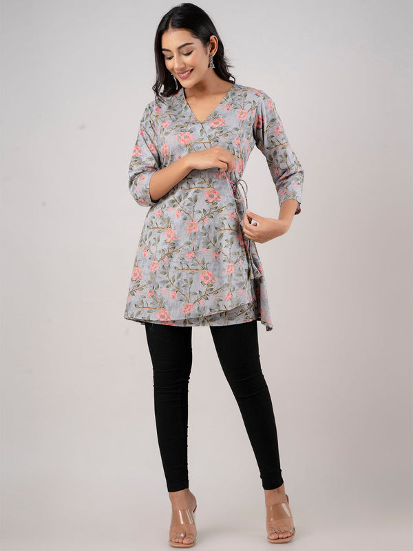 Cotton Printed Grey Angrakha Short Tunic