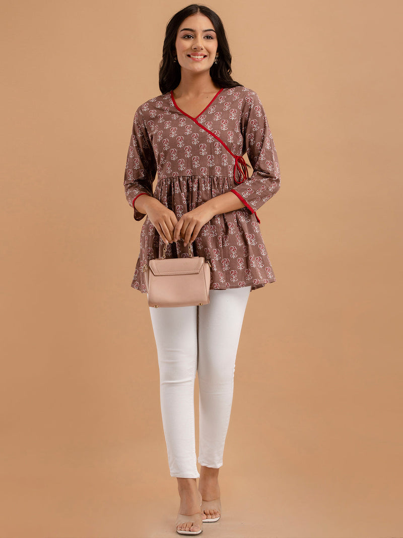 Cotton Printed Brown Angrakha Short Tunic