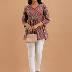 Cotton Printed Brown Angrakha Short Tunic