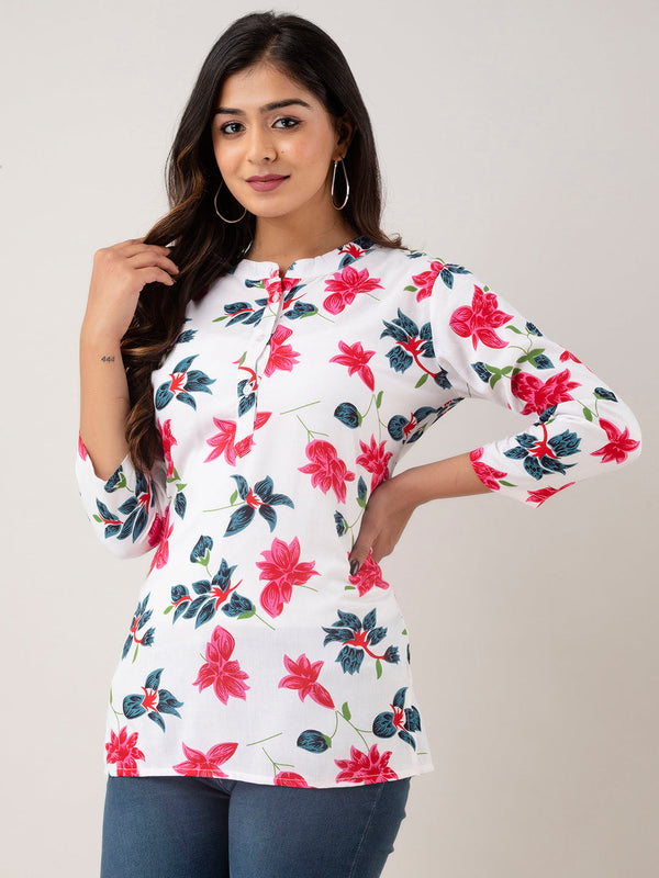 Women Printed White Straight Fit Short Tunic