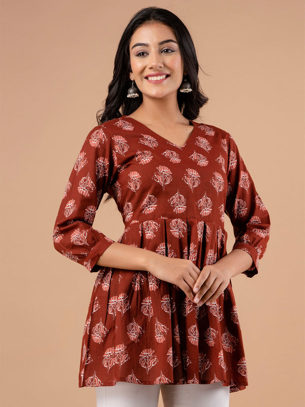 Printed Cotton Rust Peplum Tunic