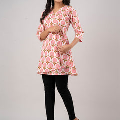 Cotton Printed Ethnic Motifs Pink Angrakha Short Tunic