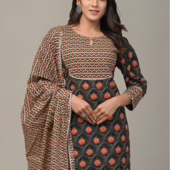 Cotton Printed Grey Kurta Set with Dupatta