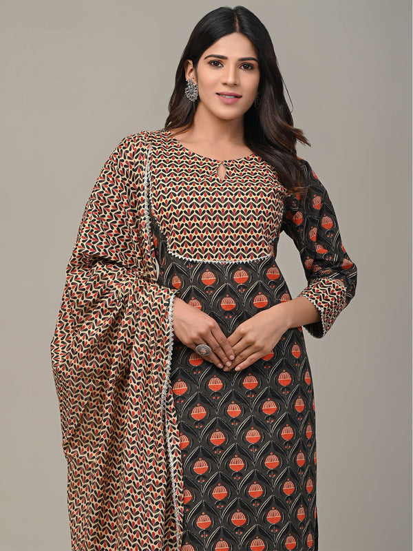 Cotton Printed Grey Kurta Set with Dupatta