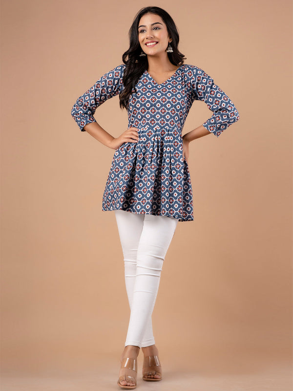 Printed Cotton Grey Peplum Tunic
