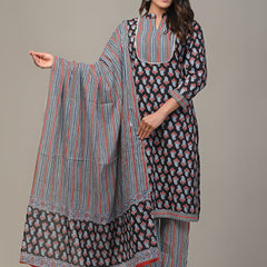 COTTON PRINTED BLACK KURTA SET WITH DUPATTA