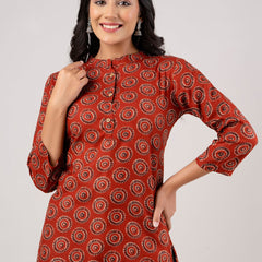 Women Rayon Printed Rust Short Kurti
