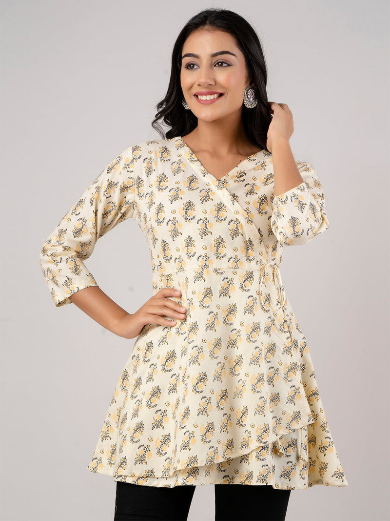 Cotton Printed Yellow Angrakha Short Tunic