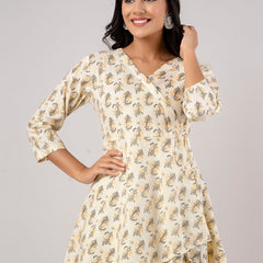 Cotton Printed Yellow Angrakha Short Tunic