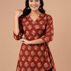 Cotton Printed Rust Brown Angrakha Short Tunic