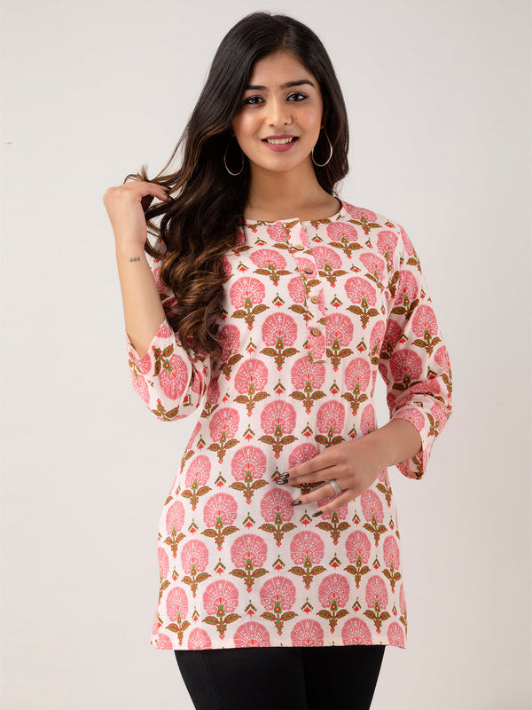 Women Pink Cotton Printed Short Kurti