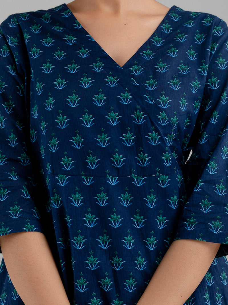 Floral Printed V-Neck Pure Cotton Angrakha A-Line Kurti