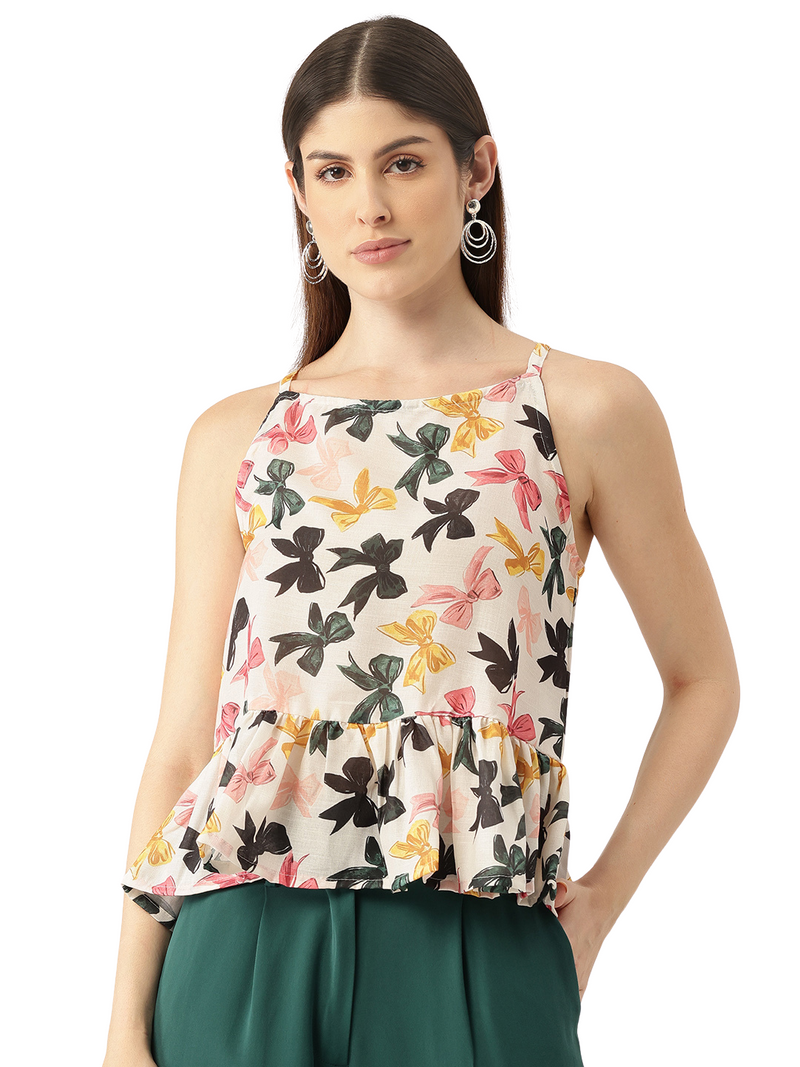 Cropped Sleeveless strap Peplum top with digital print on linen fabric.| Size- Small| Colour - White, Black, Grey, Yellow