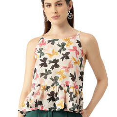 Cropped Sleeveless strap Peplum top with digital print on linen fabric.| Size- Small| Colour - White, Black, Grey, Yellow