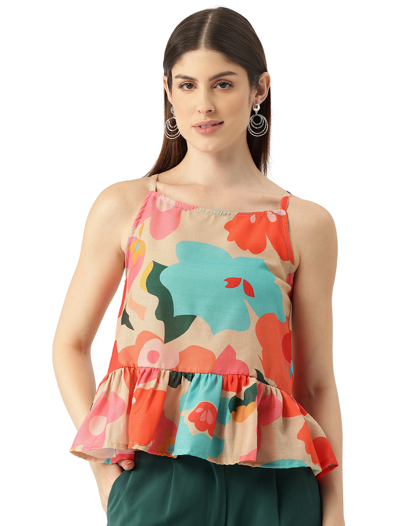 Cropped Sleeveless strap Peplum top with digital print on linen fabric.| Size- Small| Colour - Cream, Red, Blue