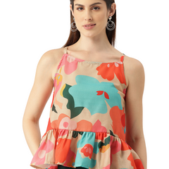 Cropped Sleeveless strap Peplum top with digital print on linen fabric.| Size- Small| Colour - Cream, Red, Blue