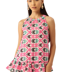 Cropped Sleeveless Elasticated Neck Bottom Flared Top with digital print on linen fabric.  | Size- Small  |  Colour - White, Pink, Green