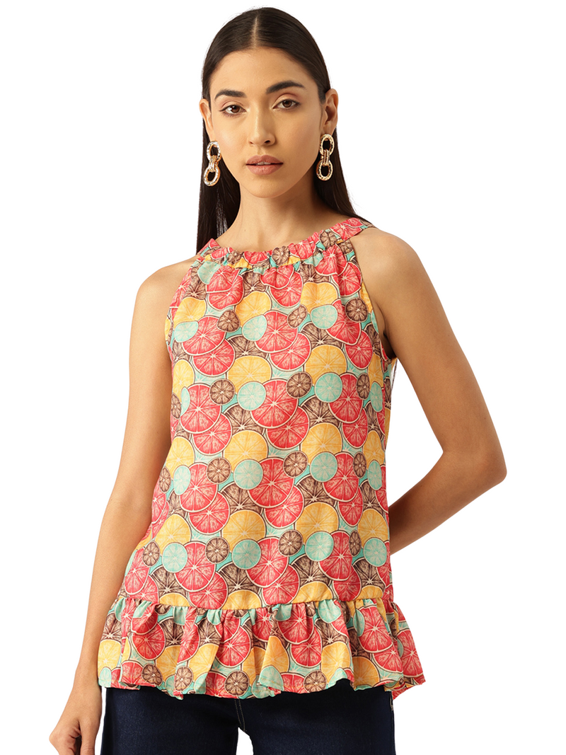 Cropped Sleeveless Elasticated Neck Bottom Flared Top with digital print on linen fabric.  | Size- Small |  Colour - Magenta, Green, Aqua, Yellow