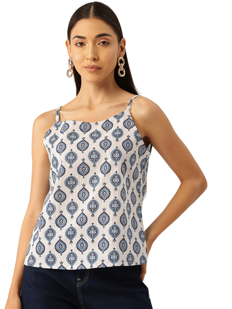 Relaxed fit strappy sleeveless top digitally printed on linen fabric.  | Size- Small  |  Colour - White, Blue