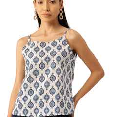 Relaxed fit strappy sleeveless top digitally printed on linen fabric.  | Size- Small  |  Colour - White, Blue