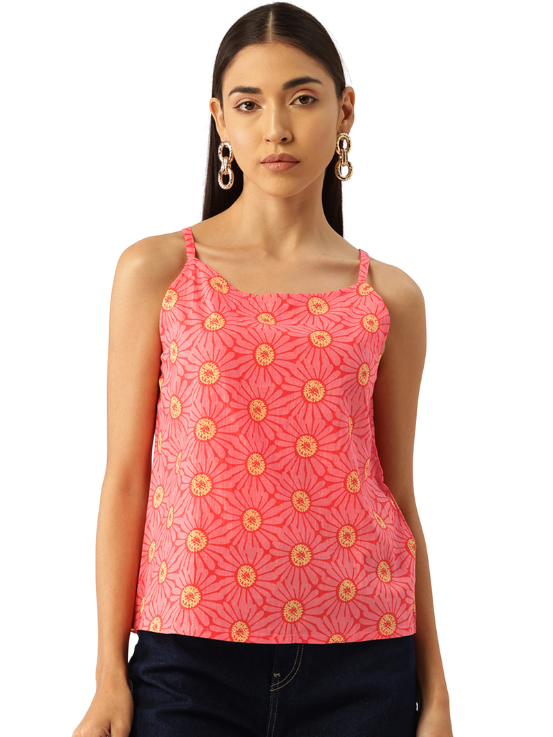 Relaxed fit strappy sleeveless top digitally printed on linen fabric.  | Size- Small |  Colour - Red, Yellow