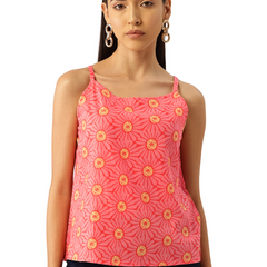 Relaxed fit strappy sleeveless top digitally printed on linen fabric.  | Size- Small |  Colour - Red, Yellow