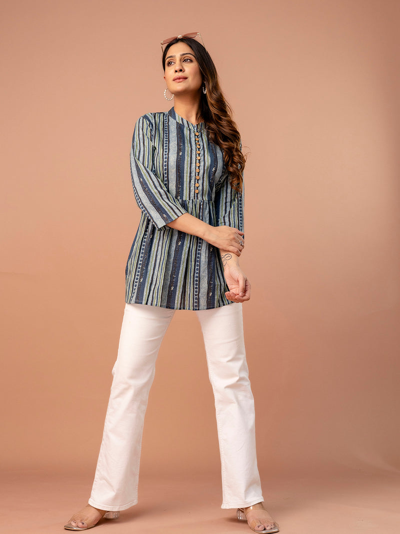 Top – Mandarin Collar, 3/4 Sleeves, Flattering Fit (Sizes S–XXL)