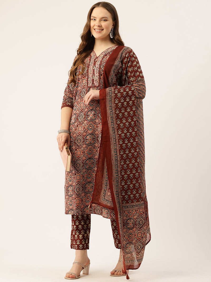 Straight Dupatta Sets - V-Neck, 3/4 Sleeves with Border Detailing, Elastic Waistband Pants with Pockets & Full-Length Dupatta (M-XXL)