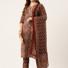 Straight Dupatta Sets - V-Neck, 3/4 Sleeves with Border Detailing, Elastic Waistband Pants with Pockets & Full-Length Dupatta (M-XXL)