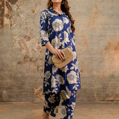 Blue Women’s Co-Ord Set–Printed Collared Kurta with 3/4 Sleeves & Elastic Waist Pants
