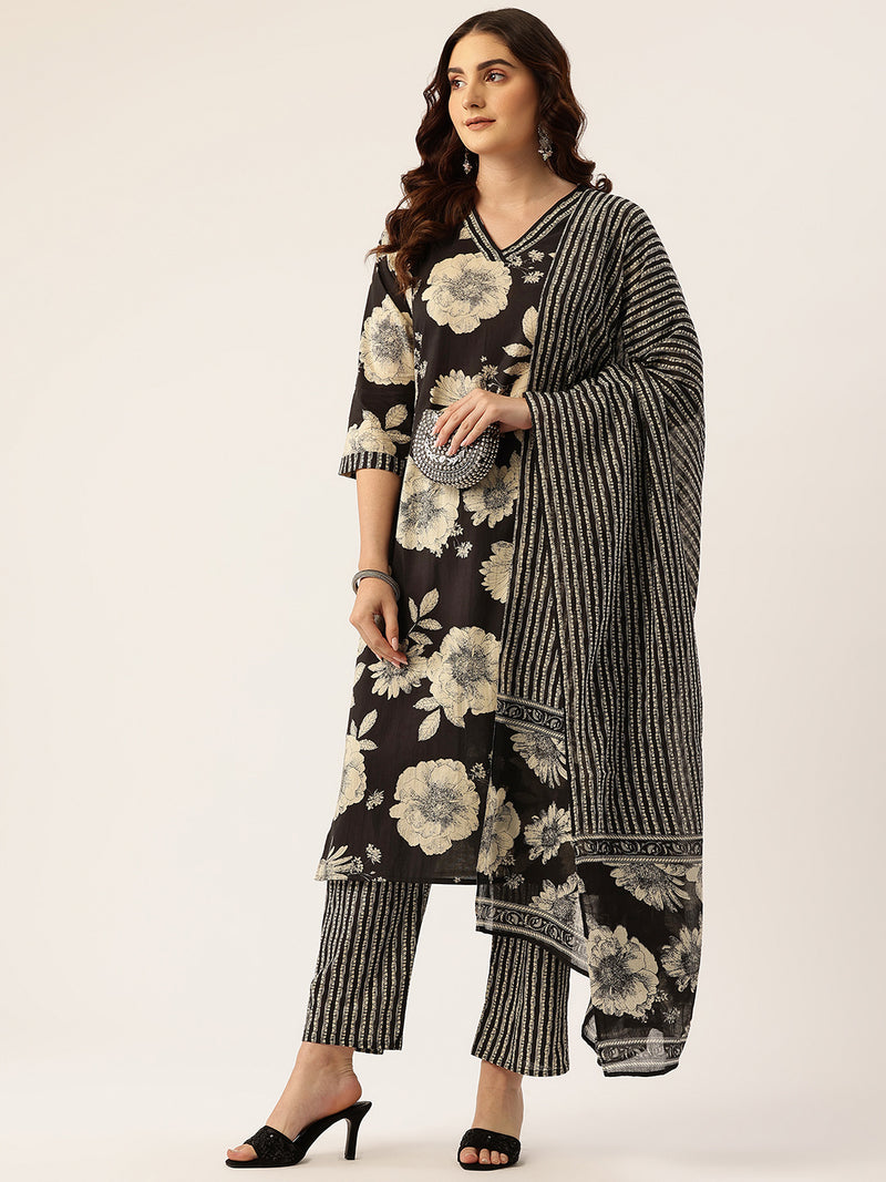 Bodered V-Neck 3-Piece Kurta Set with Ankle-Length Pants & Full-Length Dupatta (Size S-XXL).