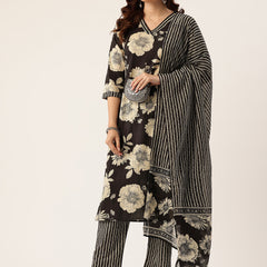 Bodered V-Neck 3-Piece Kurta Set with Ankle-Length Pants & Full-Length Dupatta (Size S-XXL).