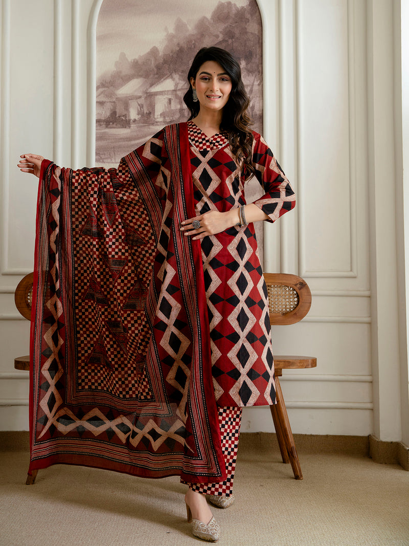 Bordered V-Neck 3-Piece Kurta Set with Ankle-Length Pants & Full-Length Dupatta (M–XXL)