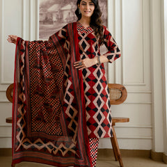 Bordered V-Neck 3-Piece Kurta Set with Ankle-Length Pants & Full-Length Dupatta (M–XXL)