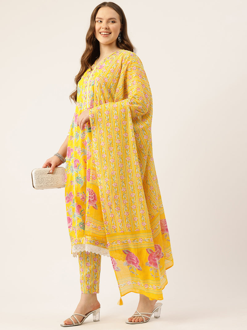 A-line Dupatta Sets - V-Neck, 3/4 Sleeves, Lace Work, Elastic Waistband Pants with Pockets & Full-Length Dupatta (M-XXL)