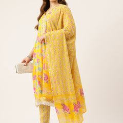 A-line Dupatta Sets - V-Neck, 3/4 Sleeves, Lace Work, Elastic Waistband Pants with Pockets & Full-Length Dupatta (M-XXL)